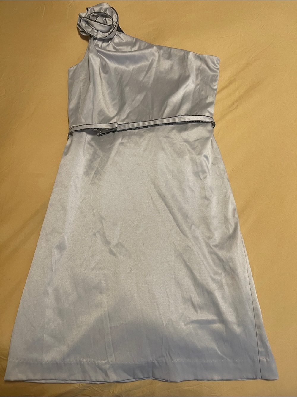 ECI One-Shoulder Silver Satin Dress with Rosette